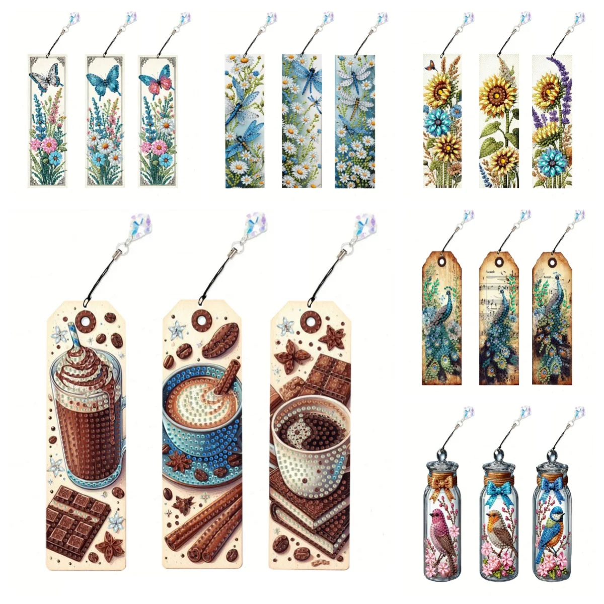 3 DIY Diamond Art Painting Bookmark Sets, Coffee Cup/Animal/Flower Crystal Pendant Bookmarks, Suitable for Books and Notes