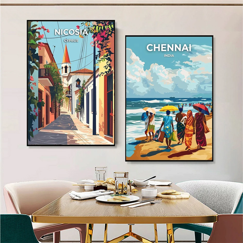 Mid Century Retro International Travel Wall Print Bundle Vibrant World Famous City & Ski Resort Canvas Poster Set Home Decor