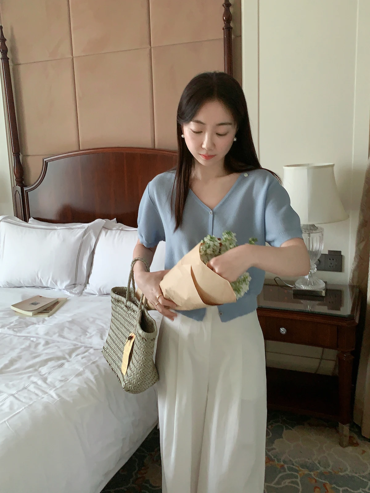 SHERRA High Waist Wide Leg Pants White Casual Cool Summer Nine Points Pear Shape Body Type Women's Casual Cotton Trousers