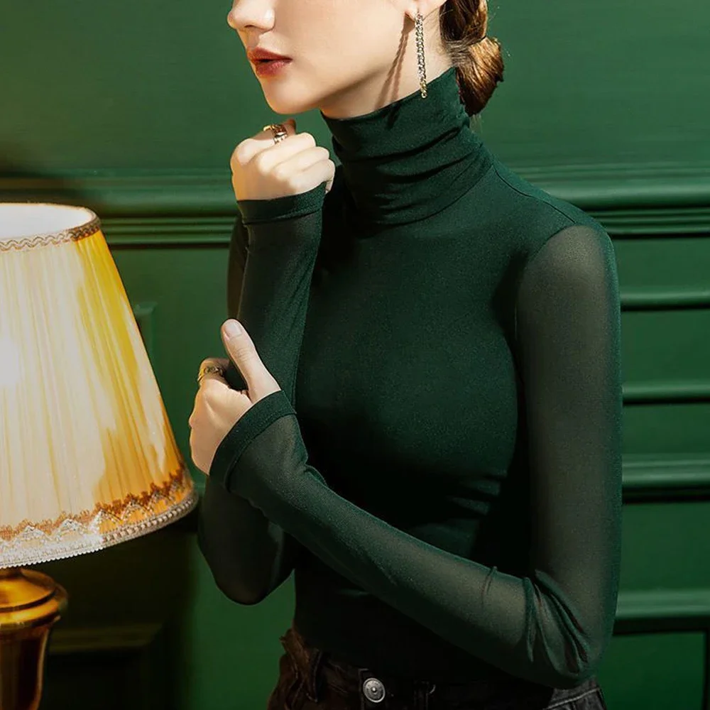 Long Sleeve High-neck Lace T-shirt Top Spring Autumn New Mesh Bottoming Shirt Women's Perspective Sexy T shirt Tees S-4XL Green - view 5