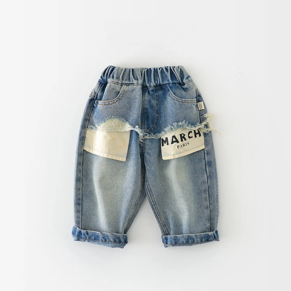 

2026 Boys Retro Jeans Spring Autumn New Personalized Splicing Pants for Children Trendy and Fashion Gradient Jeans Trousers