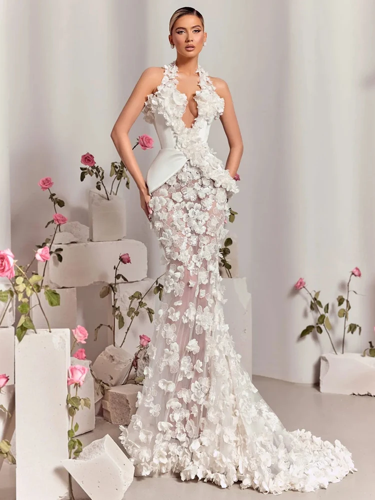 VC 섹시 갈라스 화이트 3D 플로럴 딥 브이넥 홀터 머메이드 드레스 웨딩 파티 가운