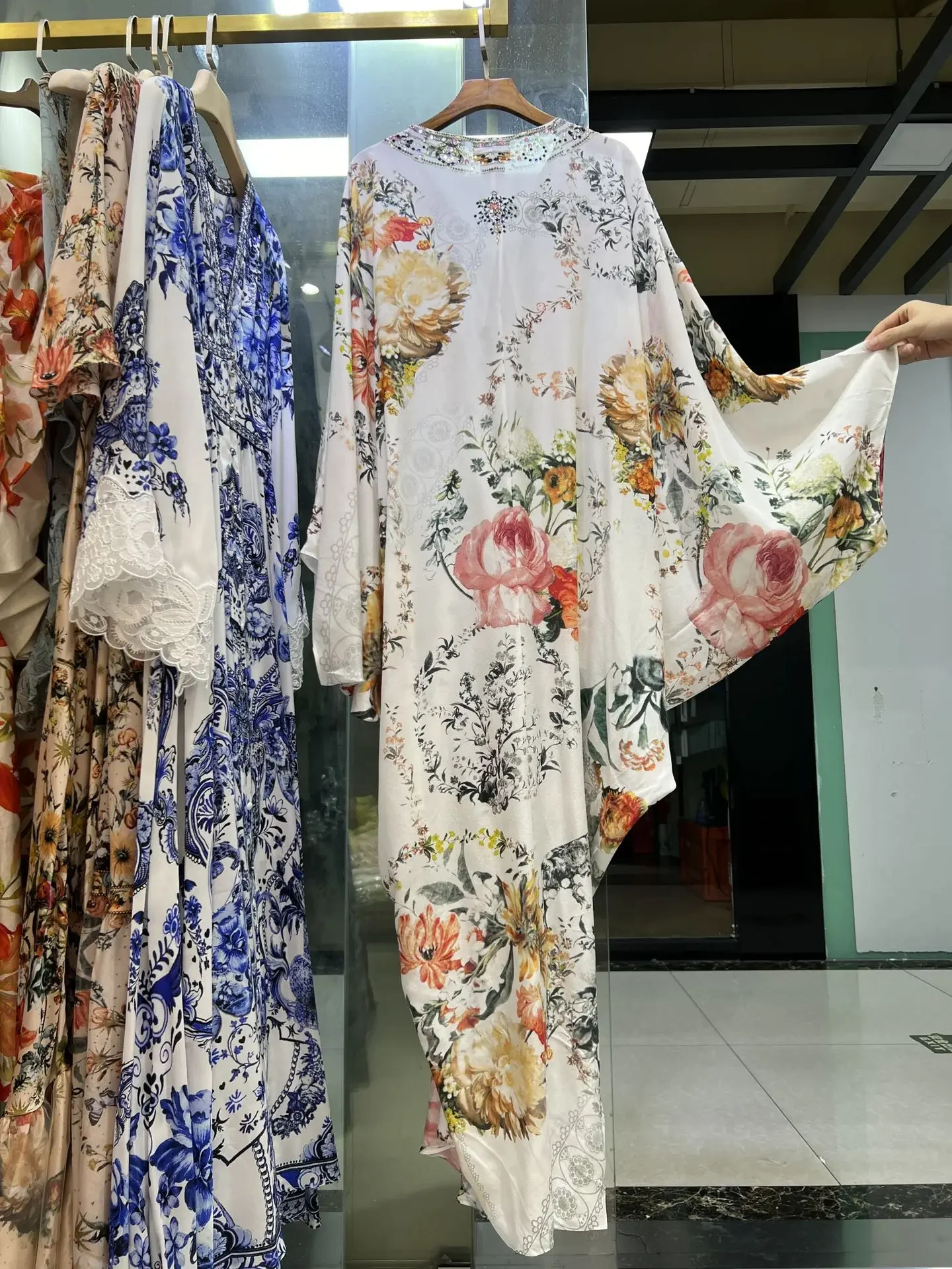 Women Silk Maxi Dress Floral Printed Beaded V-Neck Flare Sleeve Holiday Robe