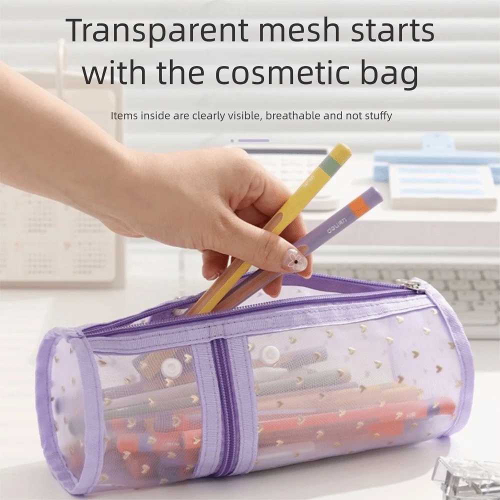 Portable Large Capacity Mesh Pencil Case Multifunctional Love Pencil Pouch Transparent