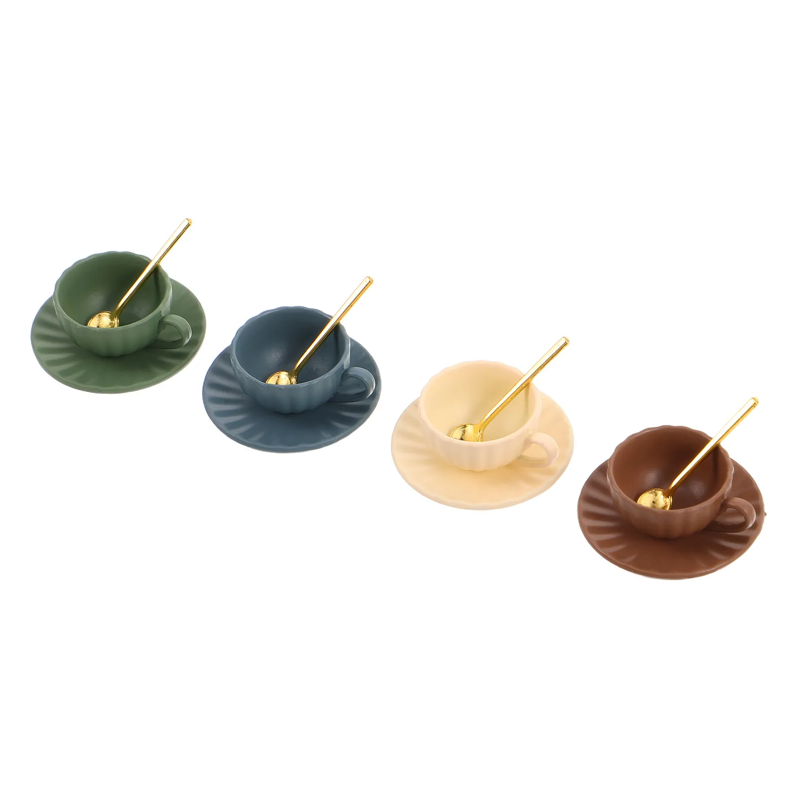 4Sets Mini Coffee Cups with Saucer and Spoon Set Luxury Alloy Dollhouse Miniature Dining Set for DIY Kitchen Decor Pretend Tea