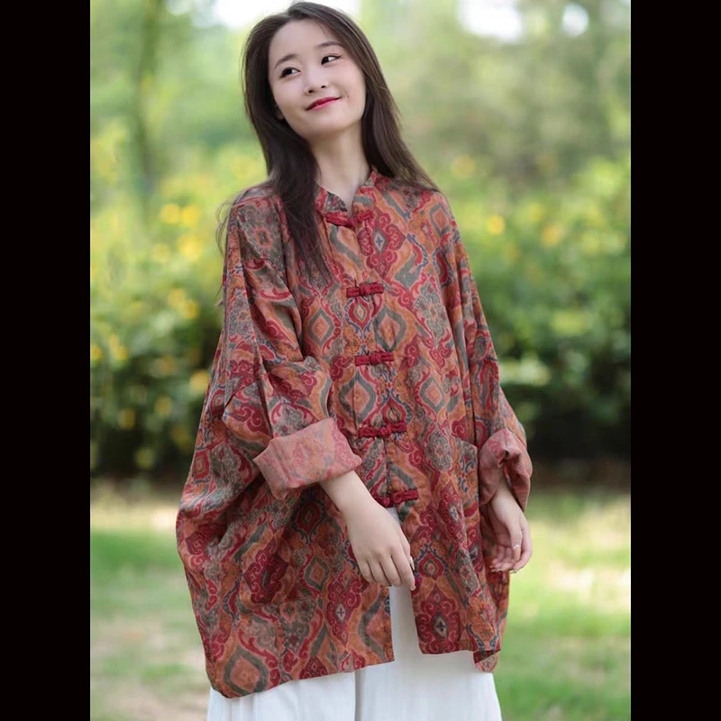 

Весенне-летние женские свободные блузки в китайском стиле с длинными рукавами, пальто хорошего качества, однобортная винтажная рубашка Ramie с принтом TJ44