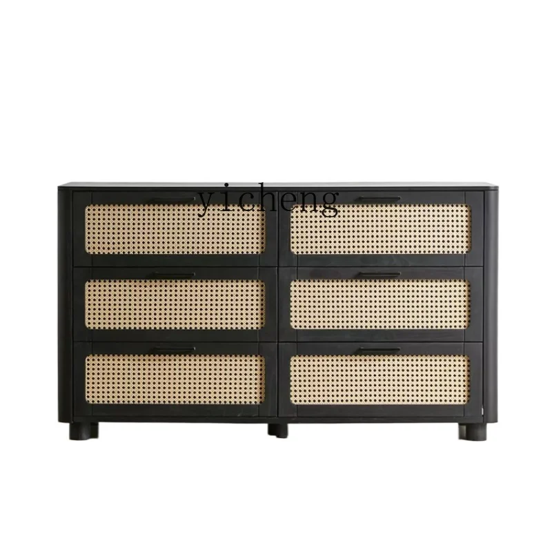 

Tqh Vintage Solid Wood Rattan Chest of Six Drawers Bedroom Storage Entrance Cabinet Decorative Storage Cabinet