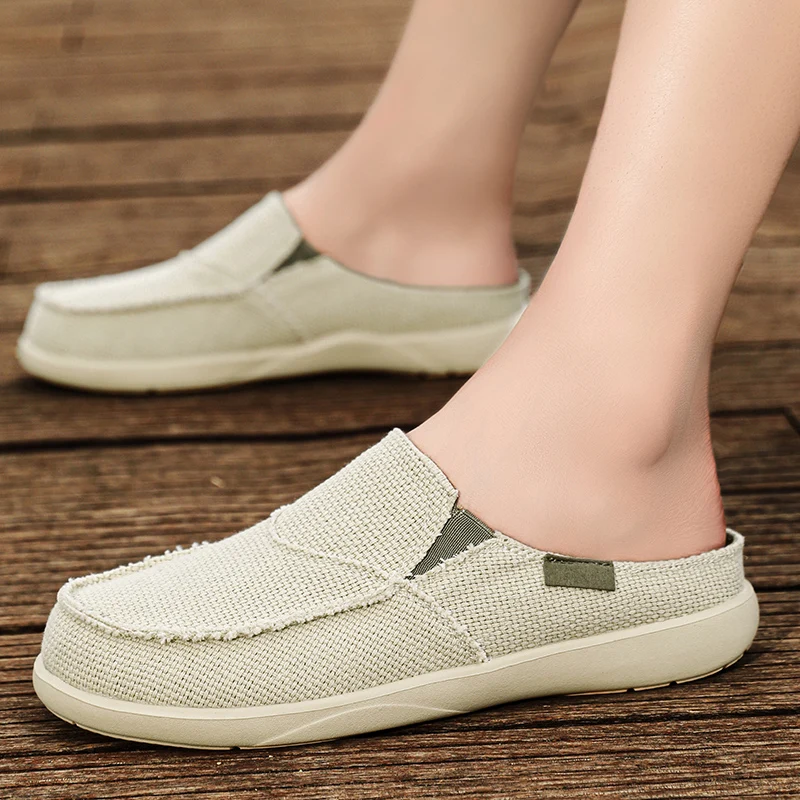 Large Size 39-47 Canvas Half Shoes For Men Mules Slip On Flats Backless Loafers Slippers Man Slides Mens Open-back Casual Shoes