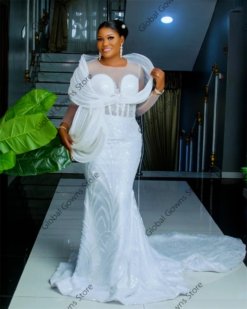 White Bead Wedding Dresses For Bride Sequin Full Sleeve Formal Dress O Neck Special Occasion Gown Customized