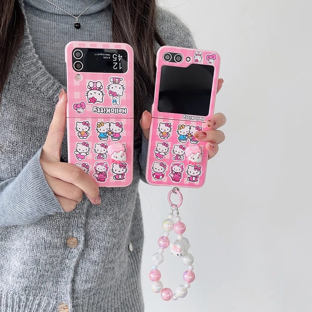 

Cute Cartoon Hello Kitty with Bracelet Phone Case for Samsung Galaxy Z Flip 3 4 Z Flip 5 6 5G PC Hard Anti-drop Back Cover Funda