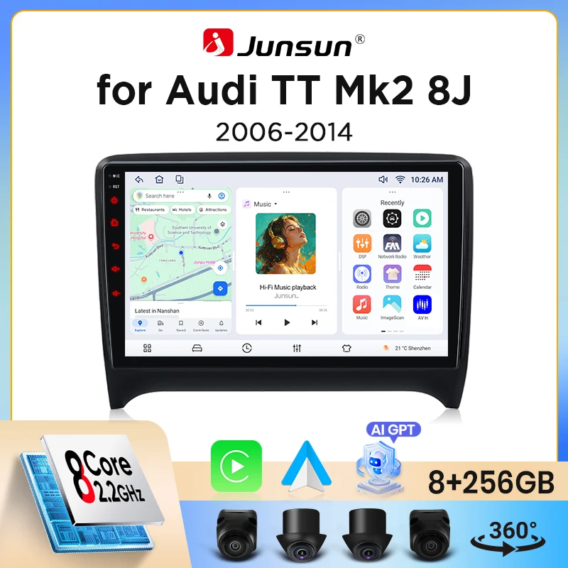 Autoradio Junsun sans fil CarPlay Android Auto pour Audi TT Mk2 (8J) 2006-2014 avec ventilateur de refroidissement intégré, navigation GPS Android, lecteur multimédia, WiFi, DSP, RDS, BT, SWC, écran