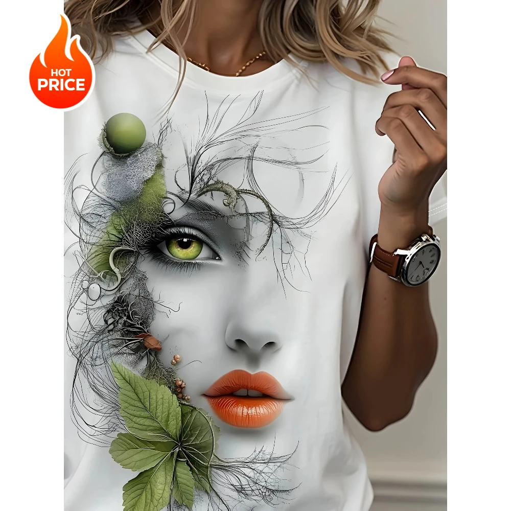 Kaos Wanita Ukuran Besar Motif Kartun 3D Lengan Pendek Elegan Kasual Kerah Bulat Cepat Kering Bernapas Trendi Fashion