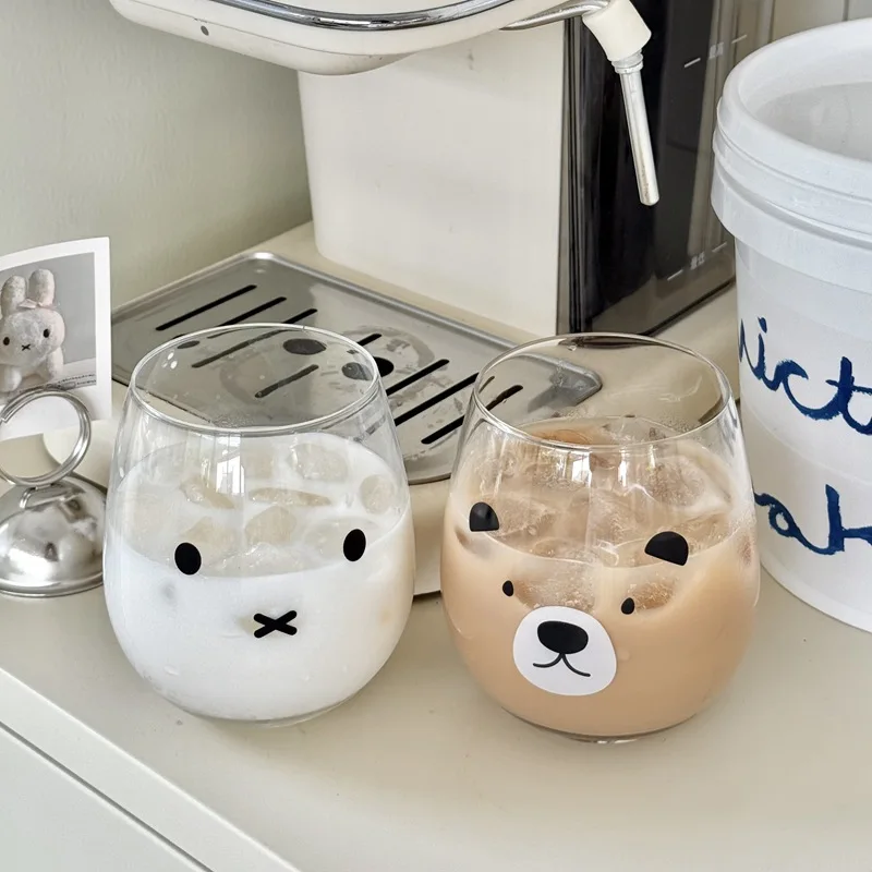 Transparent Glass Tumbler Cup with Cute Bunny Bear Printings Handy Glass Side Cup for Coffee Milk Juice Water Cup 480ml 16oz 1PC