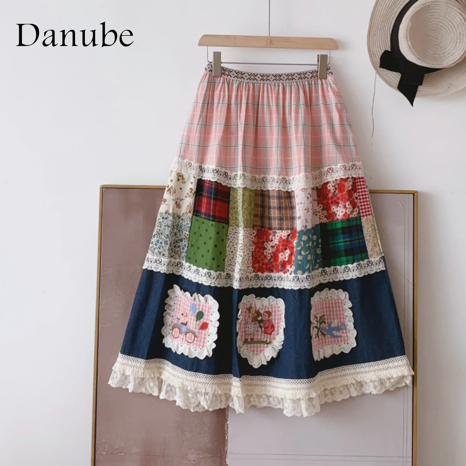 

Women's Vintage Denim Patchwork Long Skirt Japanese Mori Girl Embroidery High Waist Skirt Casual Cotton Linen A-line Midi Skirt