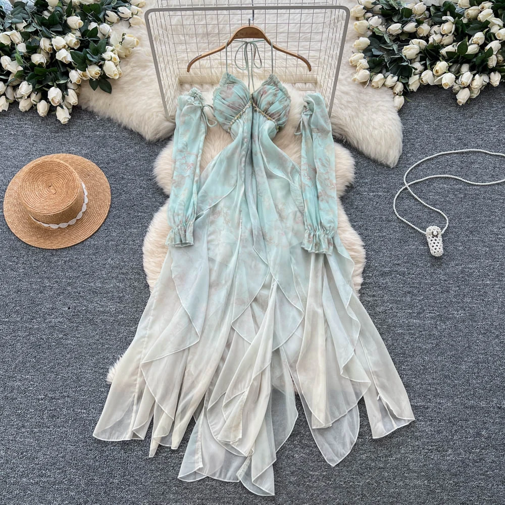 

Элегантное повседневное шифоновое платье без рукавов с v-образным вырезом и высокой талией в стиле ретро, сказочное платье-сарафан, женская одежда