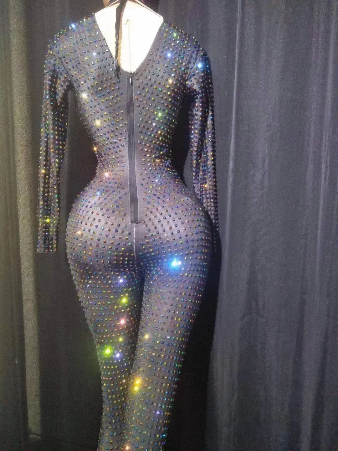 Women Nightclub DJ Clothing Stage Singer Costume Pole Prom Wears Shining Rhinestones Black Long Sleeves Sexy Jumpsuits