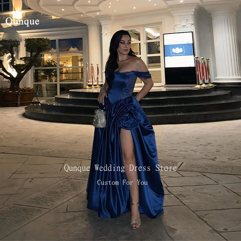 

Qunque A-line Satin Evening Dresses Off Shoulder Sleeves Lace Vestidos Para Mujer Leg Slit Flower Women Party Gowns Customized