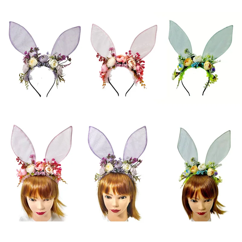 

Детский головной убор в виде ушей эльфа на День защиты детей, с искусственными цветами и ушками кролика, из флокированной ткани.