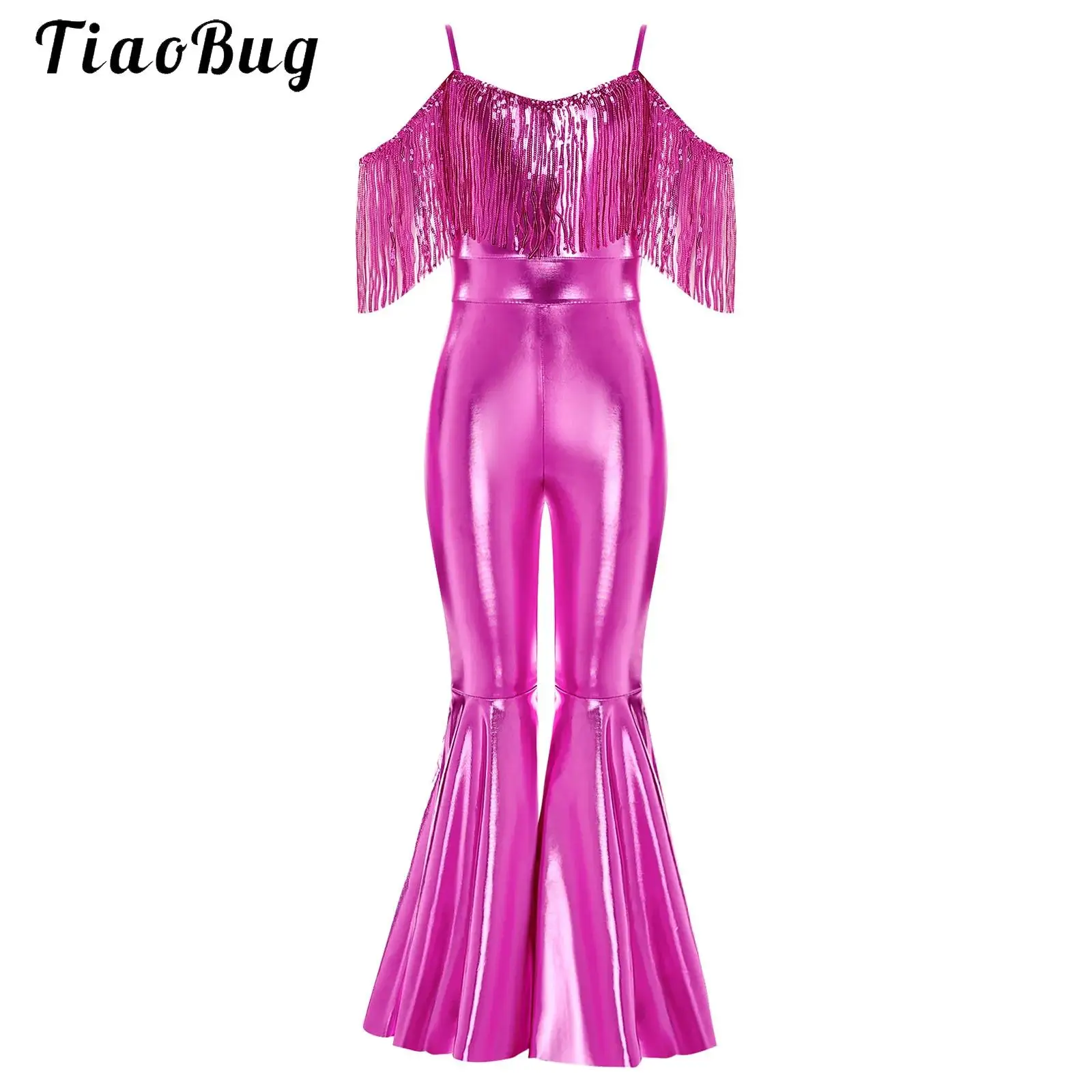 

Halloween Kids Girls Hippie Costume Tassels Unitard Bell-bottom Long Pants Bodysuit Jumpsuit for Disco Dance 60s 70s Rave Party