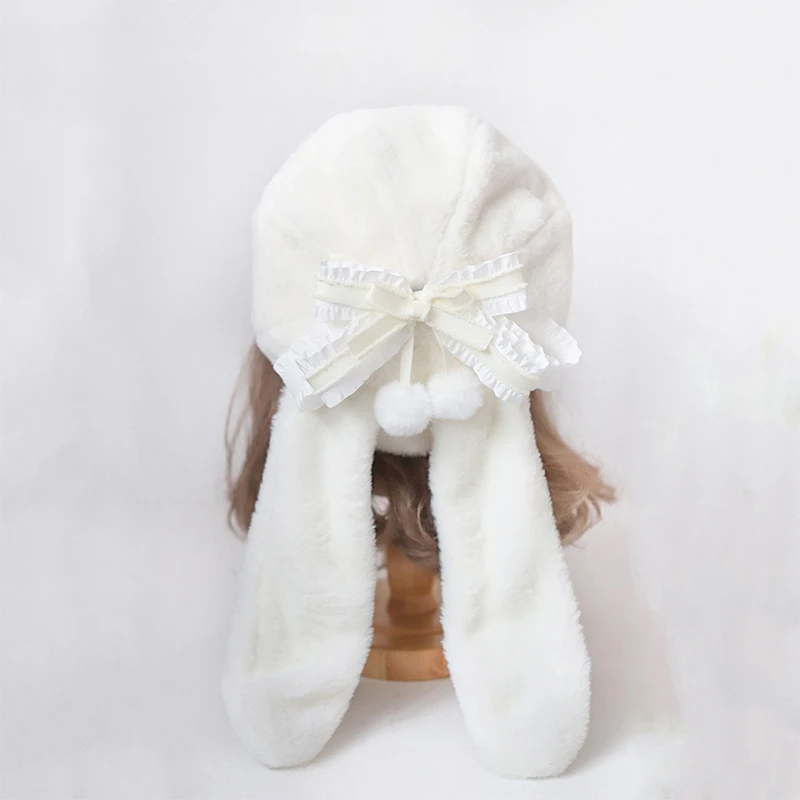 Sweet Rabbit Ear Design Bow Strap Berets Cap Y2K Autumn and Winter Travel Versatile Casual Warm Plush Painter Hats for Woman