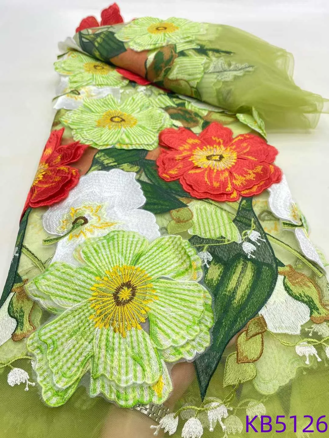 Tela de encaje de flores 3D de 5 yardas, tela africana de encaje de alta calidad, malla francesa con cuentas 2025, lentejuelas de encaje para coser KB5126