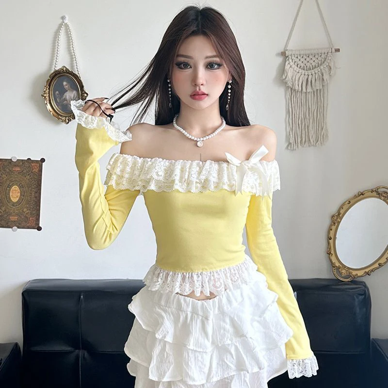 Y2K Fairy Women Off Shoulder Crop Tops Fashion Lace Bow Boat Neck Flared Cuffs Long Sleeve Slim Fit T-Shirts Korean Streetwear