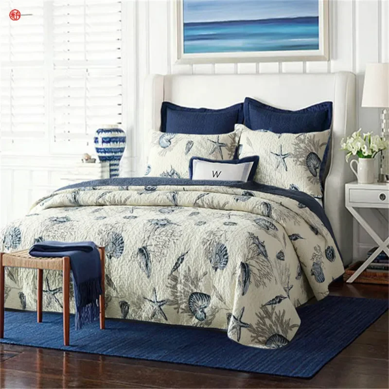 

Home Textile 3pc Starfish Shell Quilted Bedspread Set Flower Bird American Style Patchwork Summer Comforter Cotton Bed Cover