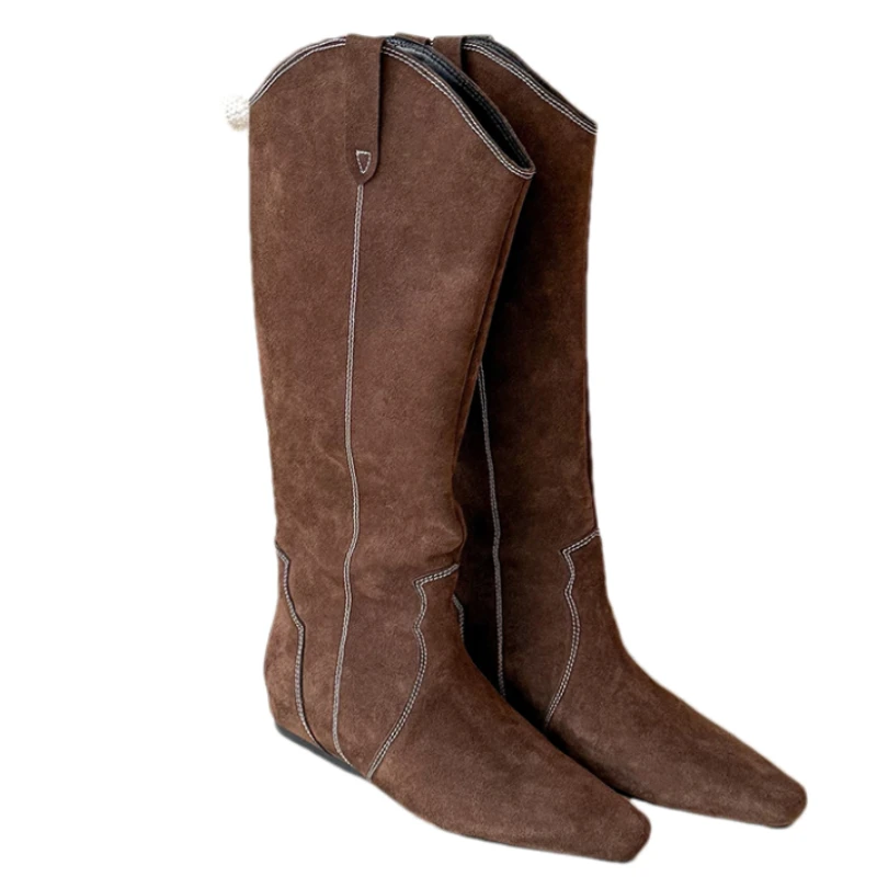 Flats Women's Knee High Boots Fashion Suede Woman Shoes 2025 Winter Chelsea Boots New Walking Trend Dress Long Mujer De Botas
