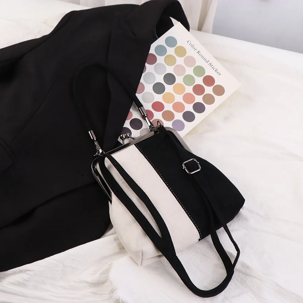 Large Capacity Retro Frosted Handbag PU Short Handle Leather Crossbody Bag Kiss Lock Clip Closure Clutch Shoulder Bag