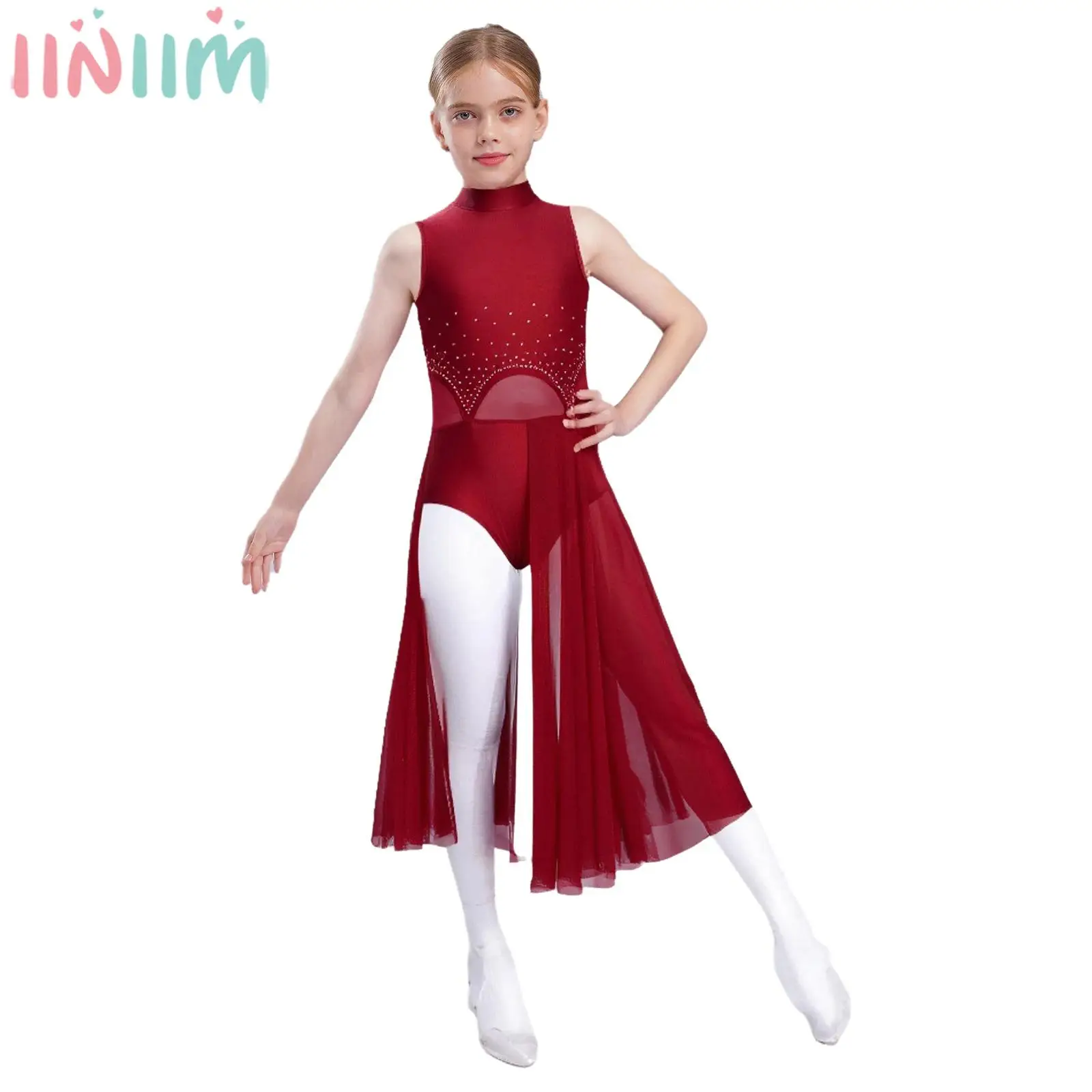 

Kids Girls Modern Lyrical Dance Performance Costume Sleeveless Rhinestone Sheer Mesh Skating Gymnastics Acrobatics Leotard Dress