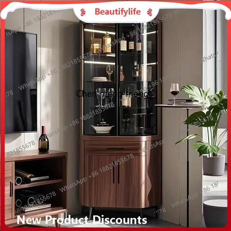 

Italian solid wood corner cabinet modern simple glass wine cabinet living room storage luxury corner cabinet H