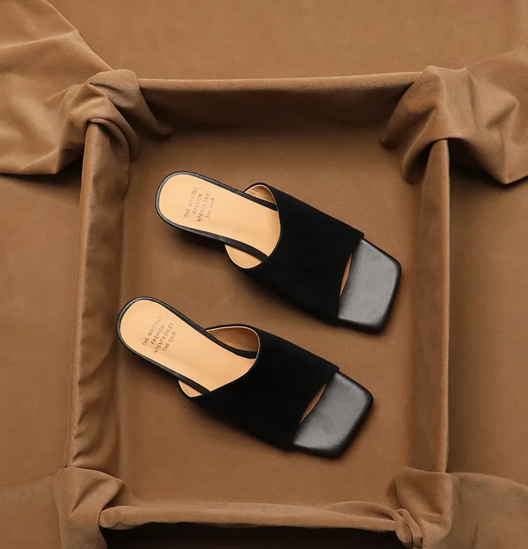 SHOEBOX French Sheep Anti Leather Dew Toe One line Dragging Women's Outerwear Summer New Style Lazy Fashion Middle Heel Slippers