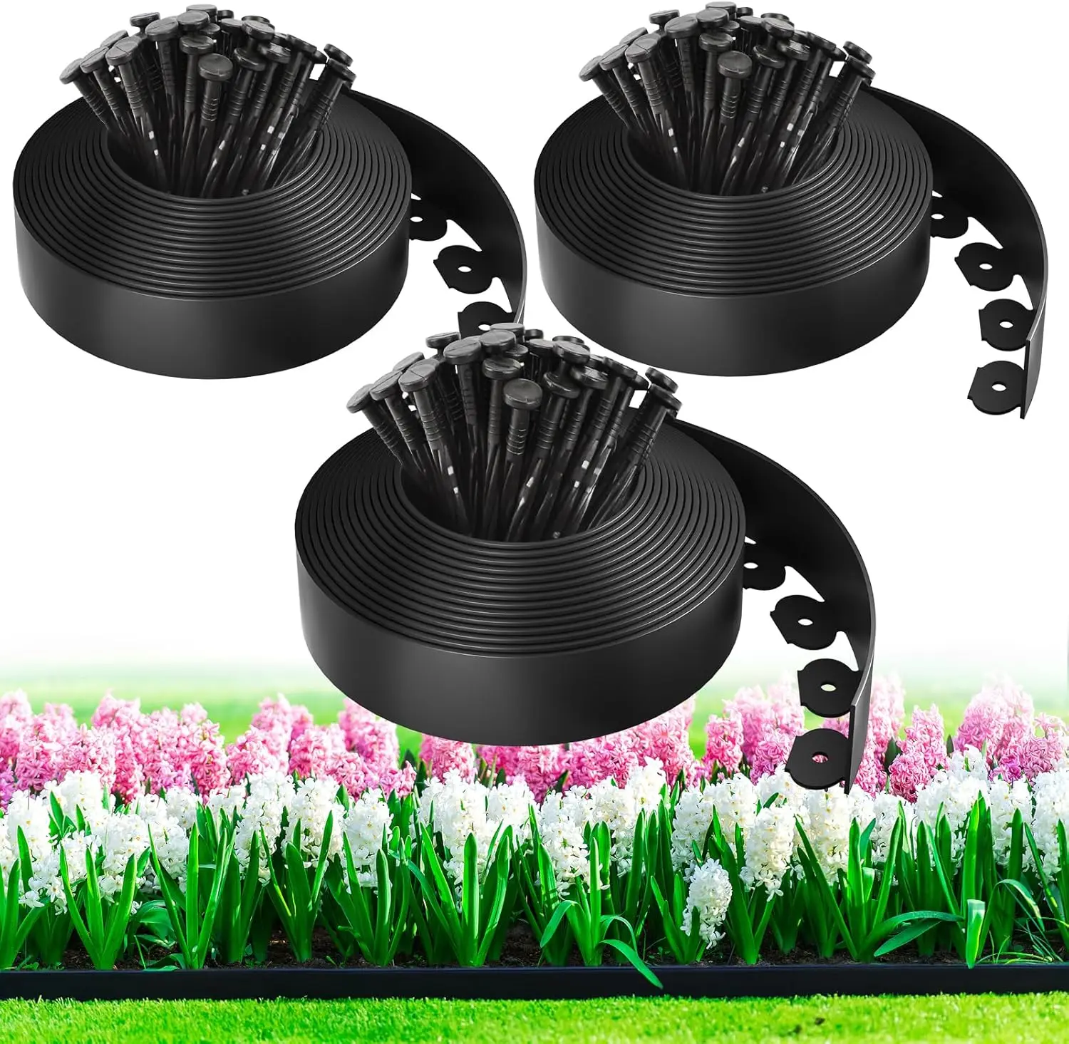 

100ft Flexible Plastic Landscape Edging Kit with 150 Spikes, No Digging Needed for Lawn, Garden, Flower Beds, Yard - 3 Pack