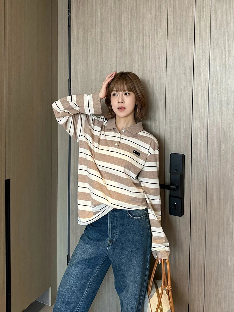 

Осень-зима, новая женская свободная футболка в полоску Long Sve Ne, повседневный многослойный топ, хлопковая ткань