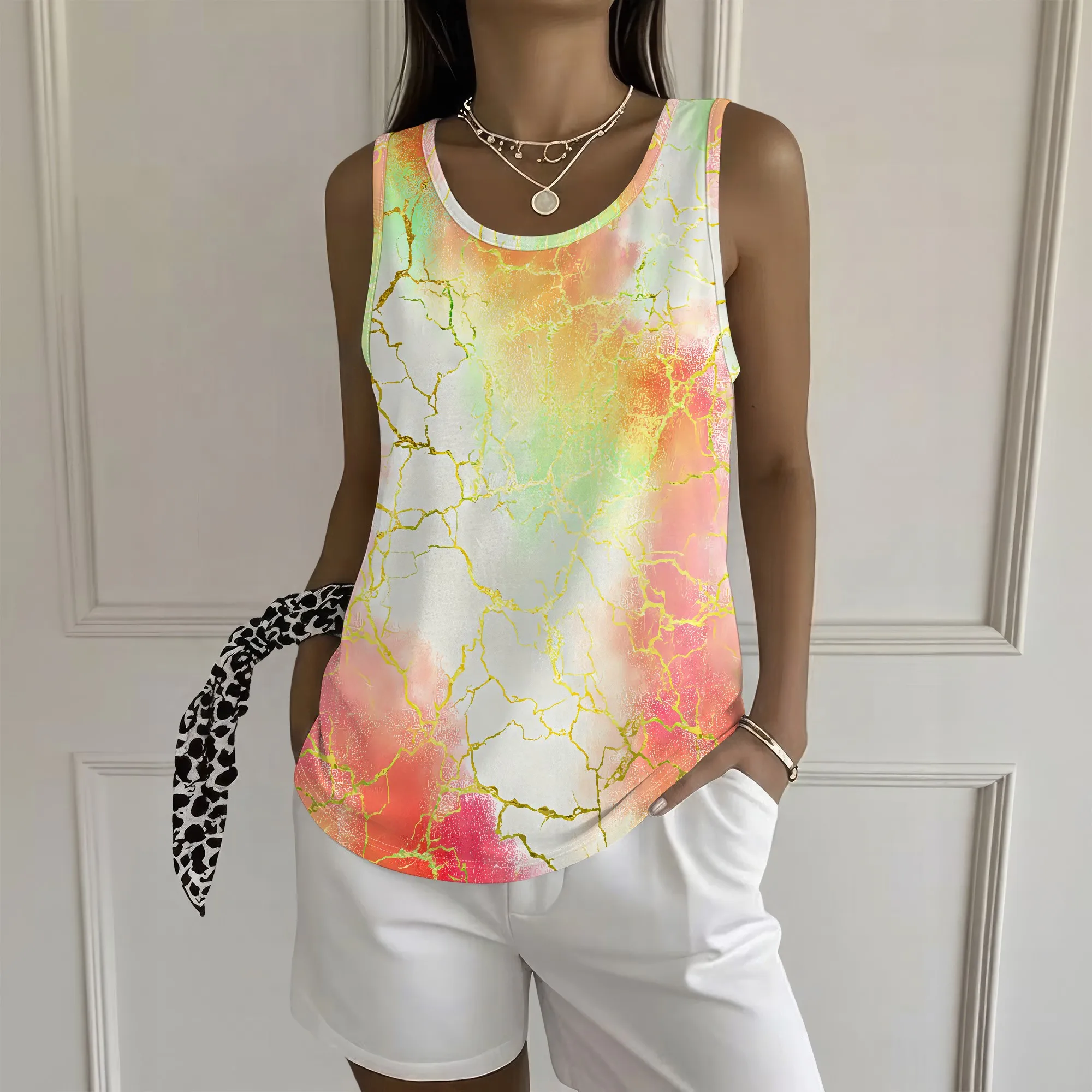 Colorful Marble Print Tank Top, Pastel Cracked Stone Pattern Sleeveless Shirt, Women Summer Casual Loose Fit Tee, S-2XL