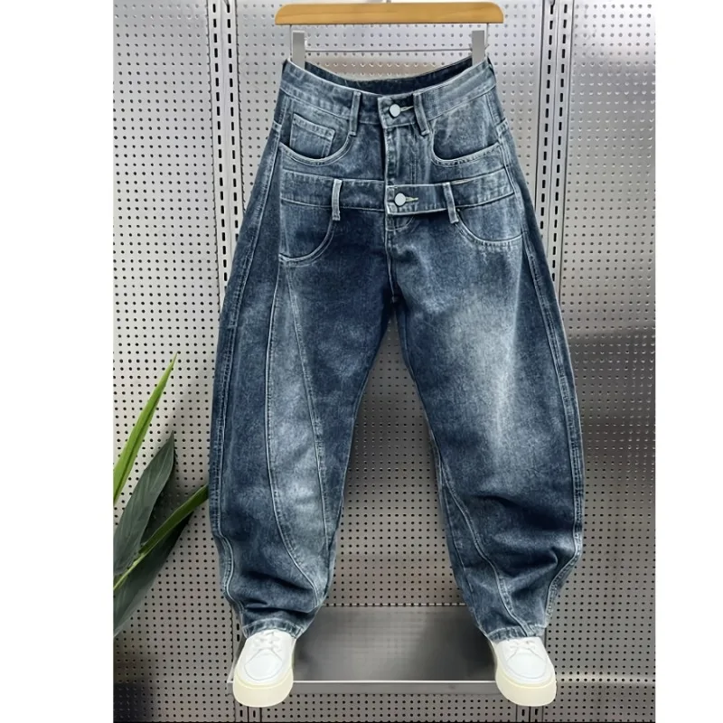 Men Four Season Vintage Wash Curved Denim Trousers Double Layer Waistband With Three Dimensional Cutting Design Long Jeans