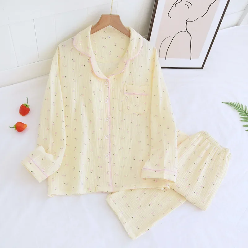 2024 Japanese Spring/Summer New Women\'s Pajama Set 100% Cotton Crepe Ladies Long sleeved Pants Cute Home Suit Two Piece Set