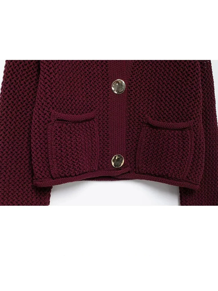 HH Women Hollow Out Chunky Knitted Cardigans 2024 Female Long Sleeve Metal Buttons Short Sweater Crop Top Knitwear Outerwear