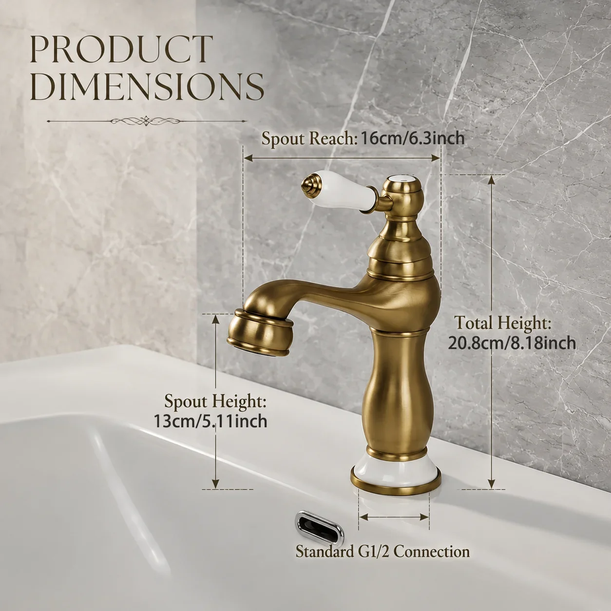 Antique Brushed Bronze Single Handle Bathroom Faucet, Solid Brass Vintage White Ceramic Lever Curved Spout Vanity Basin Tap