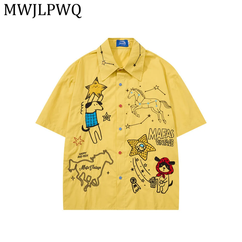 

MWJLPWQ Embroidery Loose Short-Sleeve Shirts Men's New Summer Vibe Trendy Street Niche Turn-Down Collar Loose Casual Tops 16430