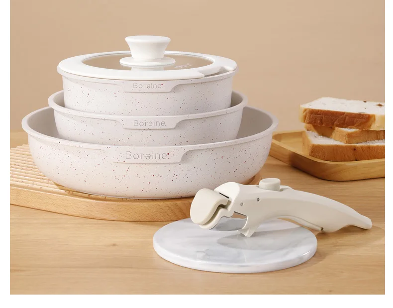 

High Quality Boreine Easy to Storage Non Stick Pots and Pans Cookware Set With Detachable Handle for Cooking