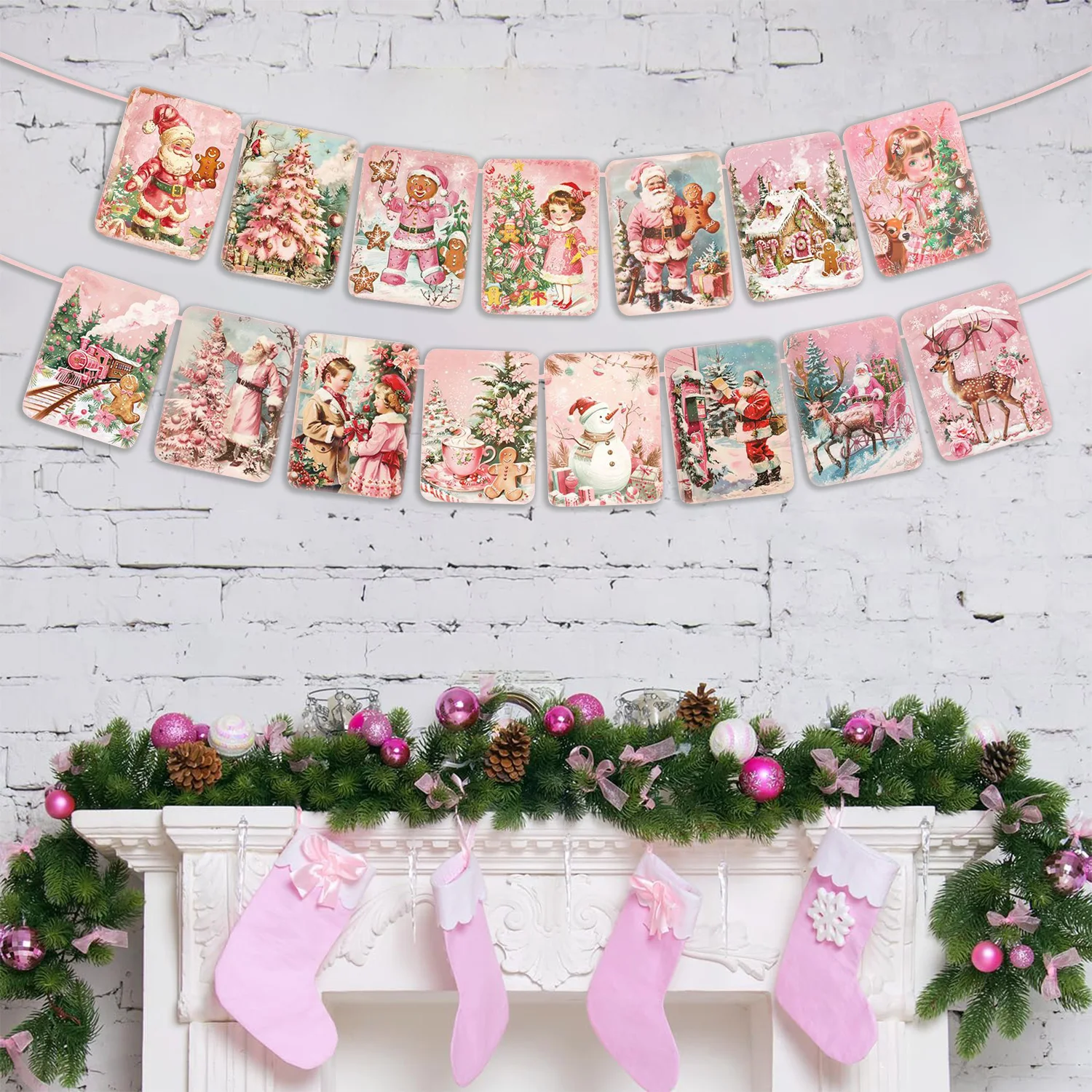 Pink Christmas Decoration Props Vintage Banner Flags Christmas Party Supplies Christmas Wall Hanging Decorations