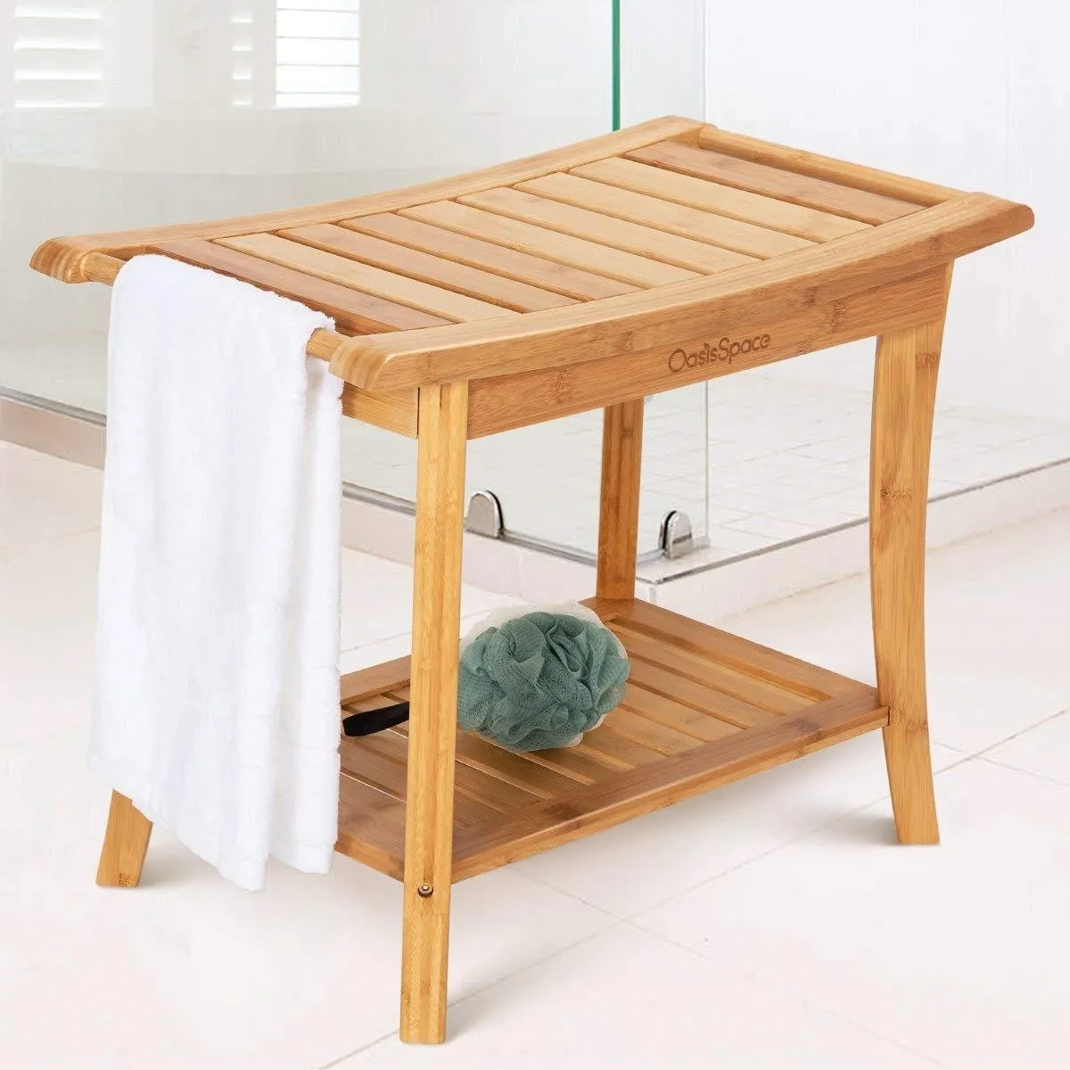 

Bamboo and wood bathroom stool Household home Bathroom two-layer rack Bath towel storagestool Bathroom square stool