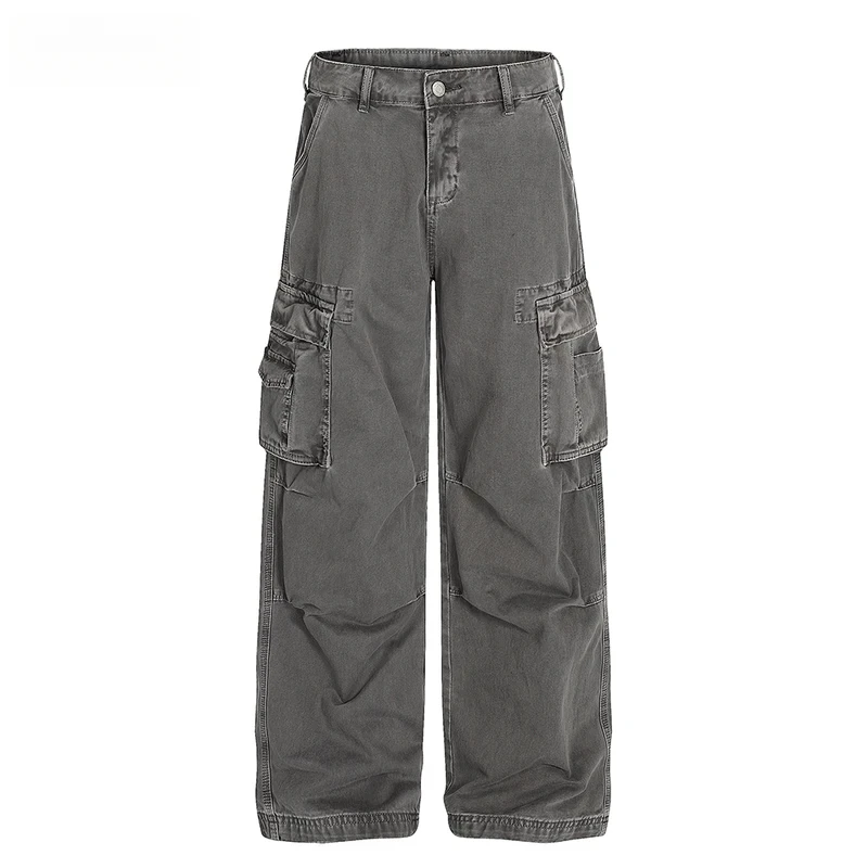 Pleated Cargo Pants  Mens Multi-Pocket Washed Distressed Retro Casual Straight Baggy Wide Leg Pants Man