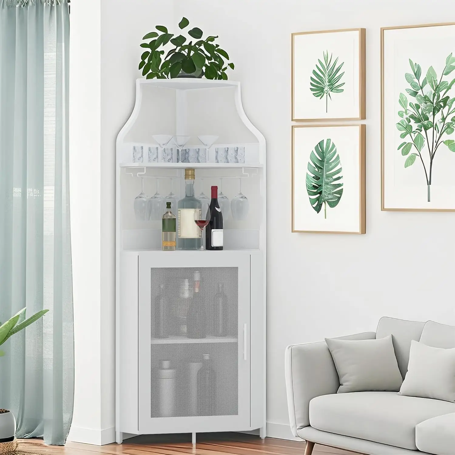 

61" Tall Corner Wine Cabinet LED Light Detachable Rack 5-Tier Glass Holder Adjustable Shelves Feet Dining Living Kitchen, Custom