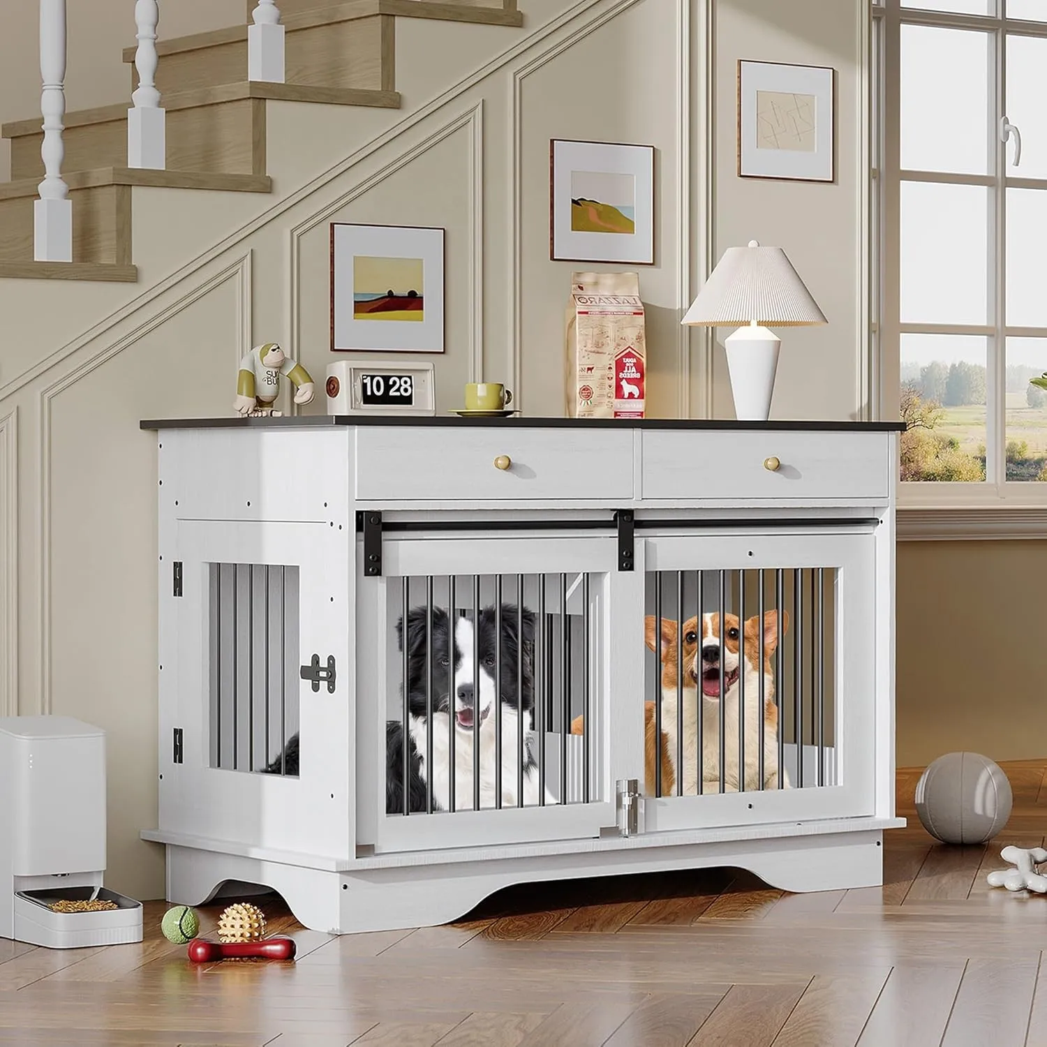 47 in Furniture Style Dog Pet Crate Wooden Kennel Cage with Removable Divier