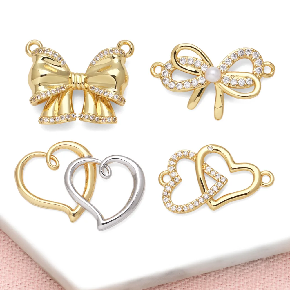 OCESRIO Trendy White Crystal Butterfly Charms for Bracelet Copper Gold Plated Crossover Heart Jewelry Making Supplies chma259