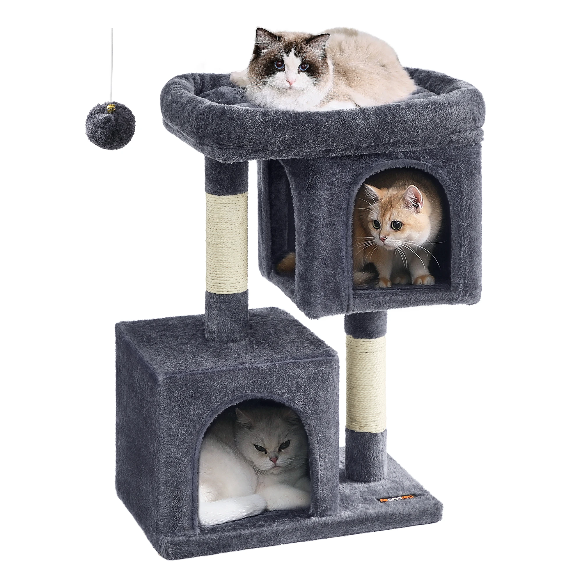 FEANDREA scratching post M-XL cat tree with 2 cottages sisal trunks compact