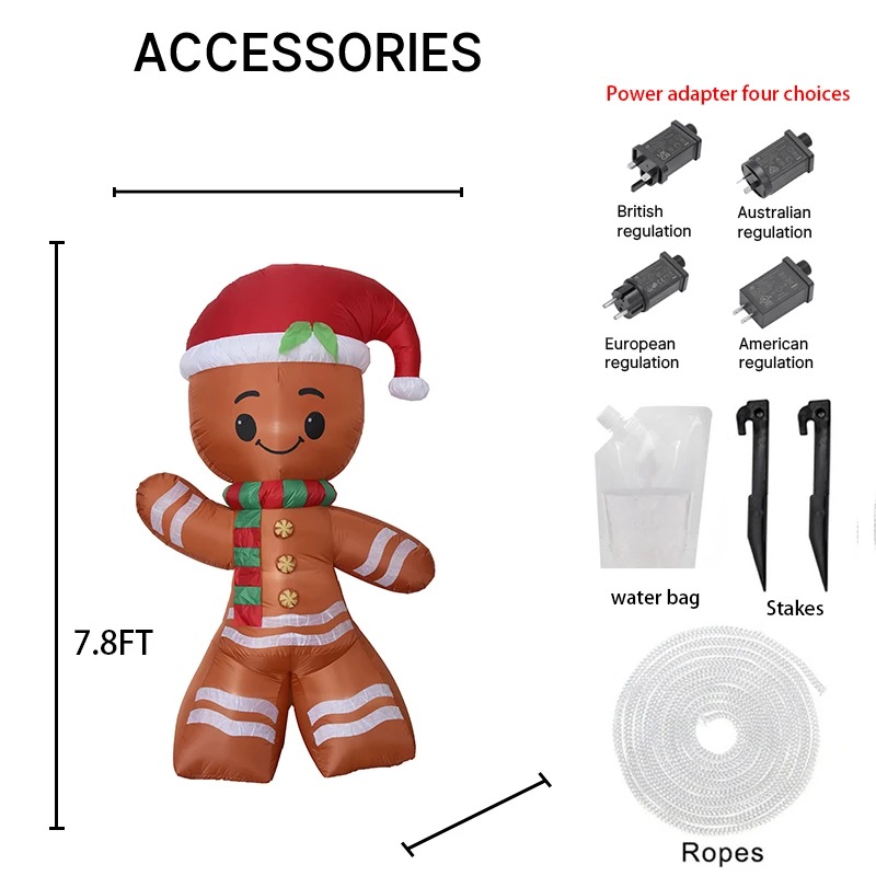 Jouet gonflable de noël de 7,8 pieds, bonhomme en pain d'épice, ornement, cadeau de vacances, décoration de cour de noël LED, décoration de maison du père noël