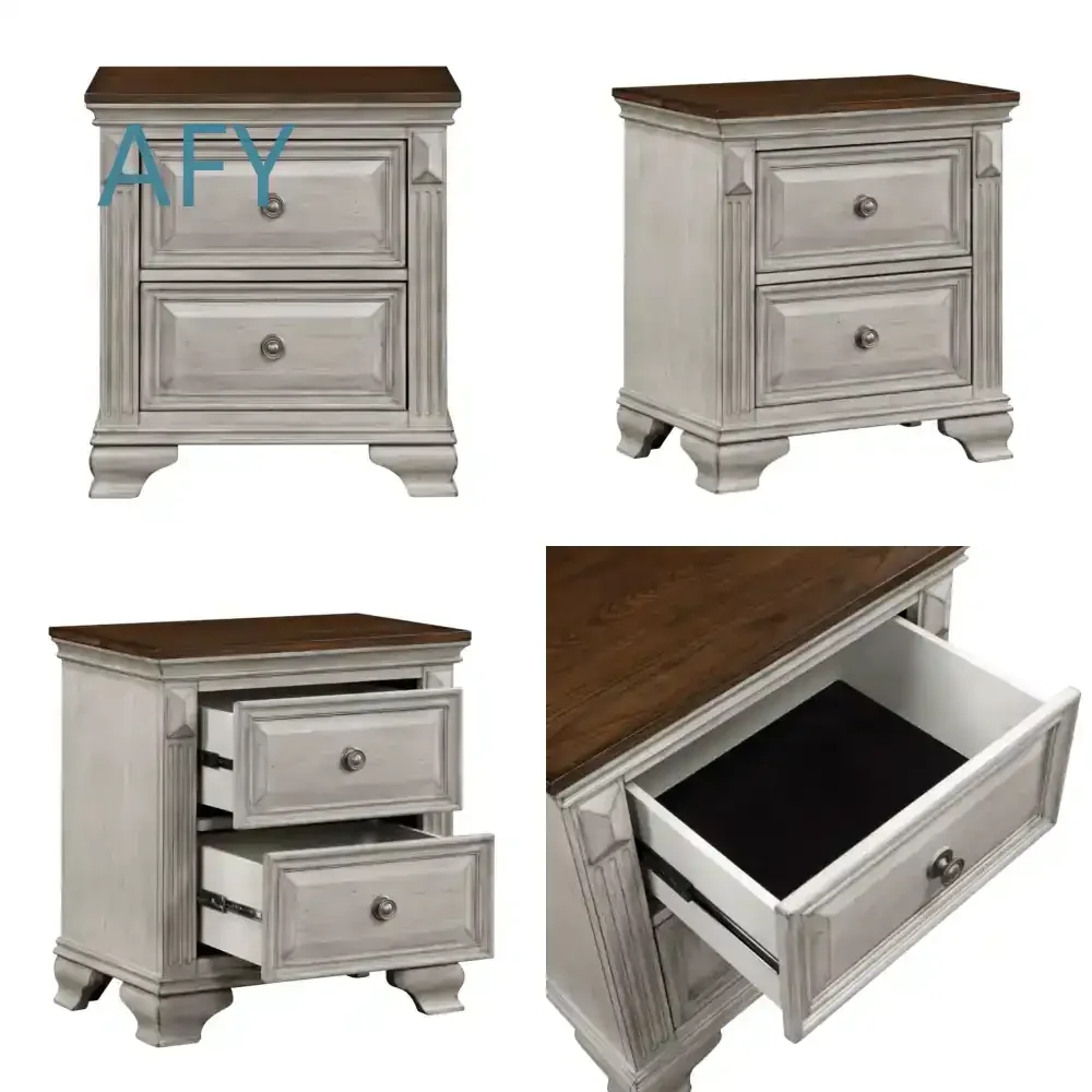 DB Traditional Elegant Wooden Nightstand for Bedroom Furniture with 2 Drawers Two-Tone Gray Brown Top Look Nightstand for
